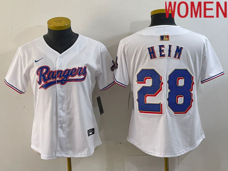 Women Texas Rangers 28 Heim White Champion Game Nike 2024 MLB Jersey style 1